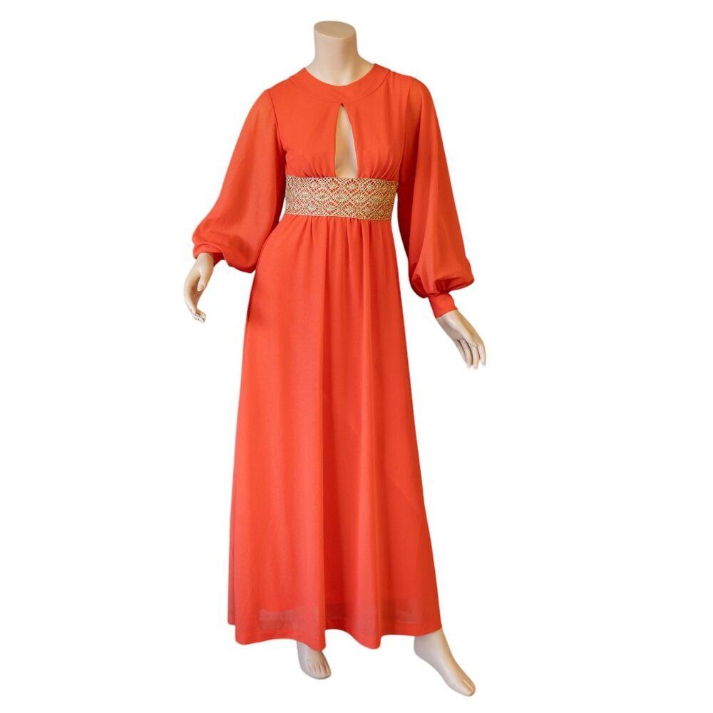 OSTI Vintage 70s Nylon Crepe Balloon Sleeve Coral Gown * Small
